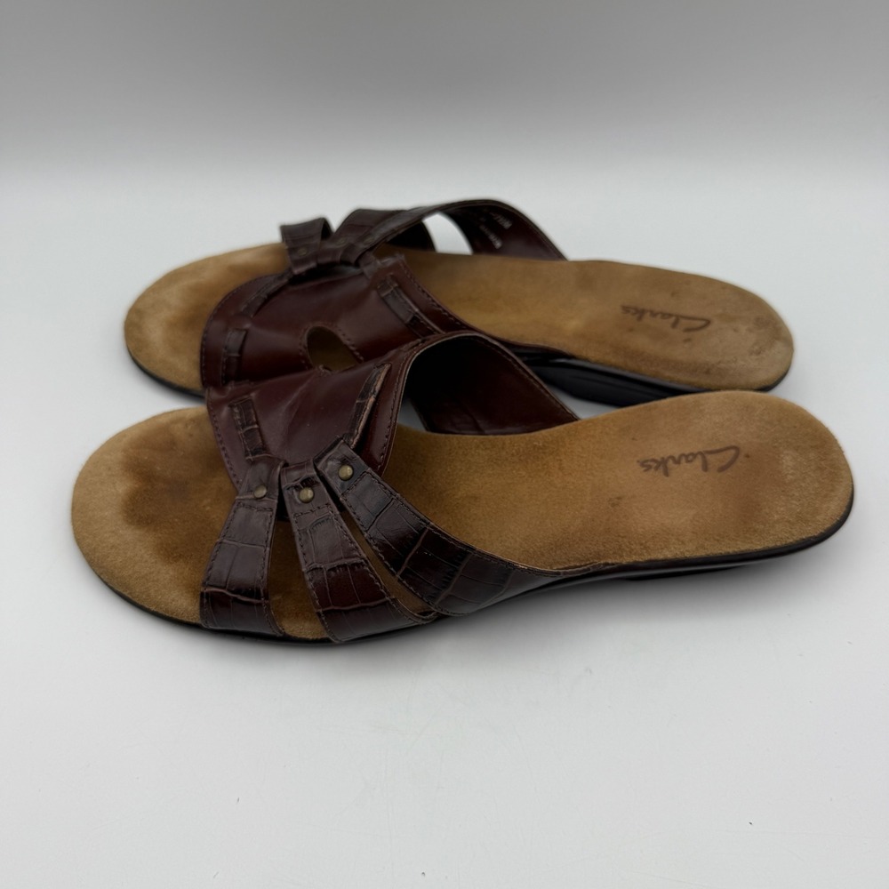 Clarks Leather Slide Sandals Comfort Casual Brown Strappy Womens Size 7.5M